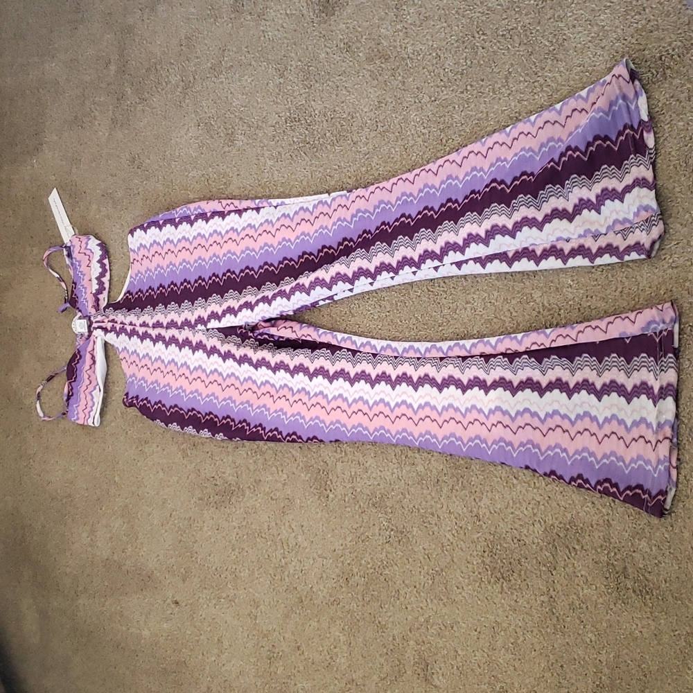 NWT L.I.F.E. Chevron Print Cutout Waist Jumpsuit Purple Pink White M